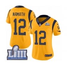 Women's Nike Los Angeles Rams #12 Joe Namath Limited Gold Rush Vapor Untouchable Super Bowl LIII Bound NFL Jersey