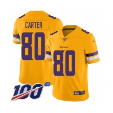 Men's Minnesota Vikings #80 Cris Carter Limited Gold Inverted Legend 100th Season Football Jersey