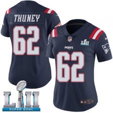 Women's Nike New England Patriots #62 Joe Thuney Limited Navy Blue Rush Vapor Untouchable Super Bowl LII NFL Jersey