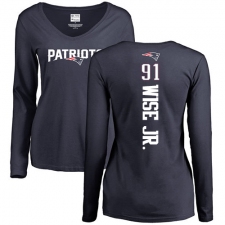 NFL Women's Nike New England Patriots #91 Deatrich Wise Jr Navy Blue Backer Slim Fit Long Sleeve T-Shirt