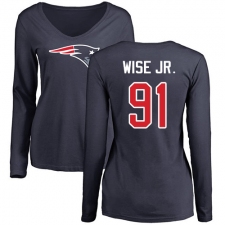 NFL Women's Nike New England Patriots #91 Deatrich Wise Jr Navy Blue Name & Number Logo Slim Fit Long Sleeve T-Shirt