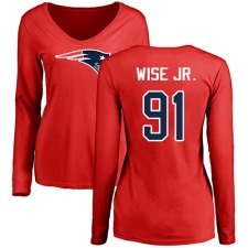 NFL Women's Nike New England Patriots #91 Deatrich Wise Jr Red Name & Number Logo Slim Fit Long Sleeve T-Shirt