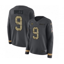Women's Nike New Orleans Saints #9 Drew Brees Limited Black Salute to Service Therma Long Sleeve NFL Jersey