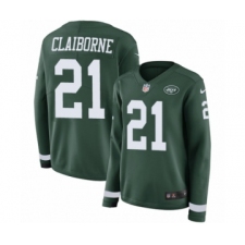 Women's Nike New York Jets #21 Morris Claiborne Limited Green Therma Long Sleeve NFL Jersey