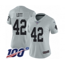 Women's Oakland Raiders #42 Ronnie Lott Limited Silver Inverted Legend 100th Season Football Jersey