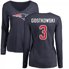 NFL Women's Nike New England Patriots #3 Stephen Gostkowski Navy Blue Name & Number Logo Slim Fit Long Sleeve T-Shirt