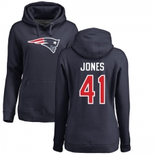 NFL Women's Nike New England Patriots #41 Cyrus Jones Navy Blue Name & Number Logo Pullover Hoodie