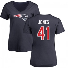 NFL Women's Nike New England Patriots #41 Cyrus Jones Navy Blue Name & Number Logo Slim Fit T-Shirt