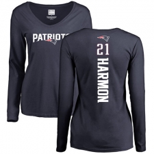 NFL Women's Nike New England Patriots #21 Duron Harmon Navy Blue Backer Slim Fit Long Sleeve T-Shirt