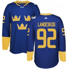 Men's Adidas Team Sweden #92 Gabriel Landeskog Authentic Royal Blue Away 2016 World Cup of Hockey Jersey