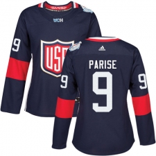 Women's Adidas Team USA #9 Zach Parise Authentic Navy Blue Away 2016 World Cup Hockey Jersey