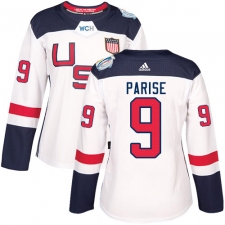 Women's Adidas Team USA #9 Zach Parise Authentic White Home 2016 World Cup Hockey Jersey