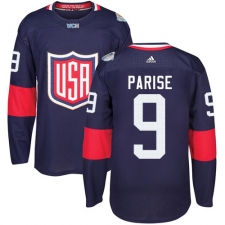 Youth Adidas Team USA #9 Zach Parise Authentic Navy Blue Away 2016 World Cup Ice Hockey Jersey