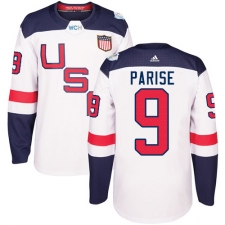 Youth Adidas Team USA #9 Zach Parise Authentic White Home 2016 World Cup Ice Hockey Jersey