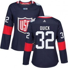 Women's Adidas Team USA #32 Jonathan Quick Premier Navy Blue Away 2016 World Cup Hockey Jersey
