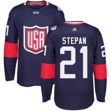 Men's Adidas Team USA #21 Derek Stepan Authentic Navy Blue Away 2016 World Cup Ice Hockey Jersey