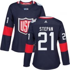 Women's Adidas Team USA #21 Derek Stepan Authentic Navy Blue Away 2016 World Cup Hockey Jersey