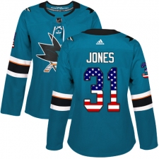 Women's Adidas San Jose Sharks #31 Martin Jones Authentic Teal Green USA Flag Fashion NHL Jersey