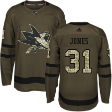 Youth Adidas San Jose Sharks #31 Martin Jones Authentic Green Salute to Service NHL Jersey