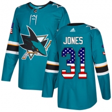 Youth Adidas San Jose Sharks #31 Martin Jones Authentic Teal Green USA Flag Fashion NHL Jersey