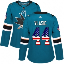 Women's Adidas San Jose Sharks #44 Marc-Edouard Vlasic Authentic Teal Green USA Flag Fashion NHL Jersey