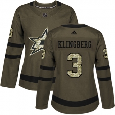 Women's Adidas Dallas Stars #3 John Klingberg Authentic Green Salute to Service NHL Jersey