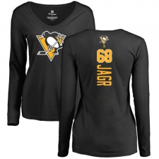 NHL Women's Adidas Pittsburgh Penguins #68 Jaromir Jagr Black Backer Long Sleeve T-Shirt