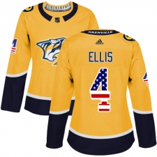 Women's Adidas Nashville Predators #4 Ryan Ellis Authentic Gold USA Flag Fashion NHL Jersey