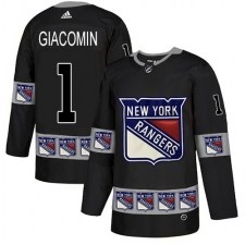 Men's Adidas New York Rangers #1 Eddie Giacomin Authentic Black Team Logo Fashion NHL Jersey