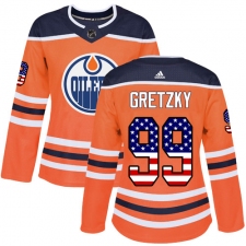 Women's Adidas Edmonton Oilers #99 Wayne Gretzky Authentic Orange USA Flag Fashion NHL Jersey