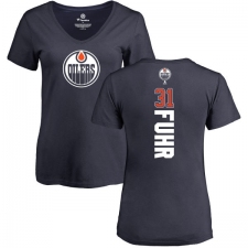 NHL Women's Adidas Edmonton Oilers #31 Grant Fuhr Navy Blue Backer Slim Fit V-Neck T-Shirt