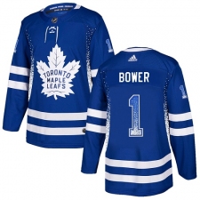 Men's Adidas Toronto Maple Leafs #1 Johnny Bower Authentic Blue Drift Fashion NHL Jersey