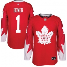 Men's Adidas Toronto Maple Leafs #1 Johnny Bower Authentic Red Alternate NHL Jersey