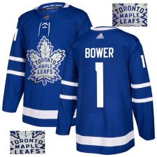 Men's Adidas Toronto Maple Leafs #1 Johnny Bower Authentic Royal Blue Fashion Gold NHL Jersey
