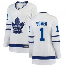 Women's Toronto Maple Leafs #1 Johnny Bower Authentic White Away Fanatics Branded Breakaway NHL Jersey