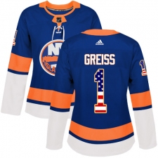 Women's Adidas New York Islanders #1 Thomas Greiss Authentic Royal Blue USA Flag Fashion NHL Jersey