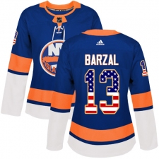 Women's Adidas New York Islanders #13 Mathew Barzal Authentic Royal Blue USA Flag Fashion NHL Jersey