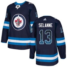 Men's Adidas Winnipeg Jets #13 Teemu Selanne Authentic Navy Blue Drift Fashion NHL Jersey