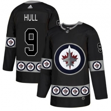 Men's Adidas Winnipeg Jets #9 Bobby Hull Authentic Black Team Logo Fashion NHL Jersey