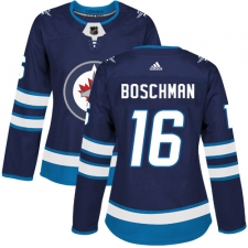 Women's Adidas Winnipeg Jets #16 Laurie Boschman Authentic Navy Blue Home NHL Jersey