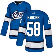 Men's Adidas Winnipeg Jets #58 Jansen Harkins Authentic Blue Alternate NHL Jersey