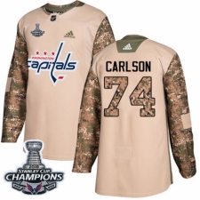 Men's Adidas Washington Capitals #74 John Carlson Authentic Camo Veterans Day Practice 2018 Stanley Cup Final Champions NHL Jersey