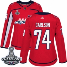 Women's Adidas Washington Capitals #74 John Carlson Authentic Red Home 2018 Stanley Cup Final Champions NHL Jersey