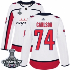 Women's Adidas Washington Capitals #74 John Carlson Authentic White Away 2018 Stanley Cup Final Champions NHL Jersey