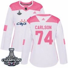 Women's Adidas Washington Capitals #74 John Carlson Authentic White Pink Fashion 2018 Stanley Cup Final Champions NHL Jersey