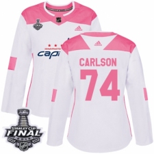 Women's Adidas Washington Capitals #74 John Carlson Authentic White/Pink Fashion 2018 Stanley Cup Final NHL Jersey