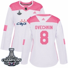 Women's Adidas Washington Capitals #8 Alex Ovechkin Authentic White Pink Fashion 2018 Stanley Cup Final Champions NHL Jersey