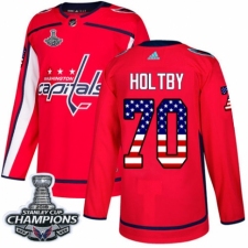 Men's Adidas Washington Capitals #70 Braden Holtby Authentic Red USA Flag Fashion 2018 Stanley Cup Final Champions NHL Jersey