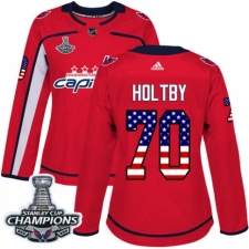 Women's Adidas Washington Capitals #70 Braden Holtby Authentic Red USA Flag Fashion 2018 Stanley Cup Final Champions NHL Jersey