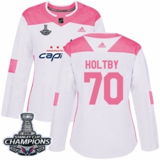 Women's Adidas Washington Capitals #70 Braden Holtby Authentic White Pink Fashion 2018 Stanley Cup Final Champions NHL Jersey